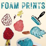 Cream background with the foam stamp pieces of a morel mushroom and a beaver, and then the stamps created. A graphic design brayer is above the foam pieces of the beaver. on April 15, 2026